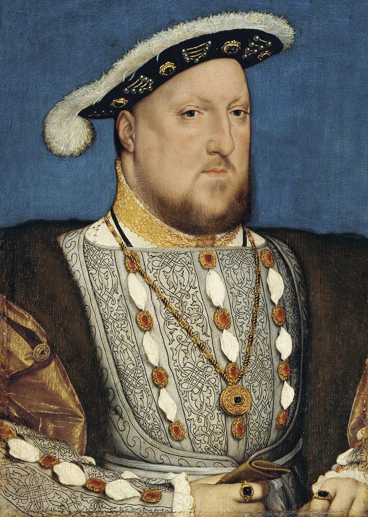 Painting of large bearded man with fur trimmed cloak, wearing a hat.