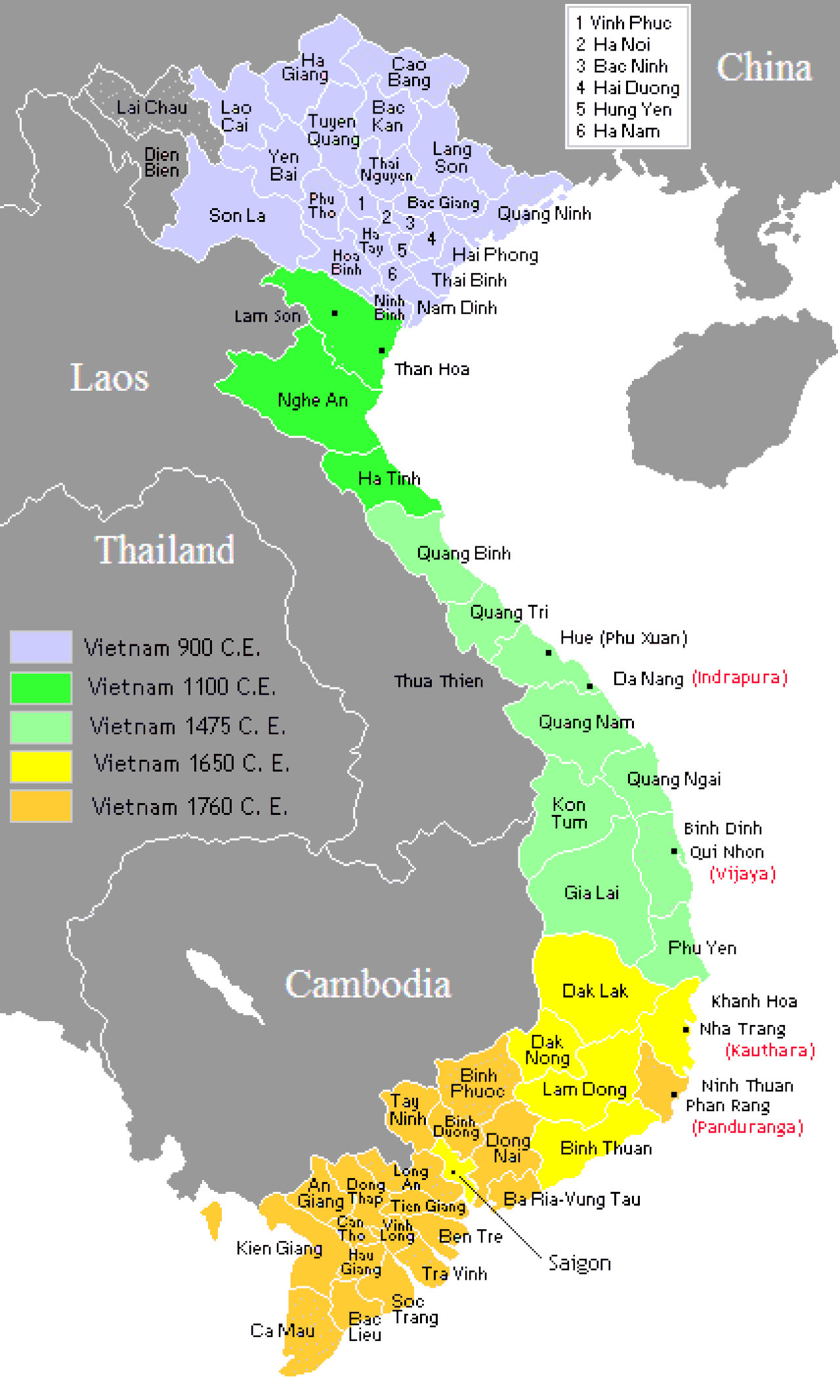 Map of Vietnam showing the conquest of the south (nam tiến, 1069-1757).